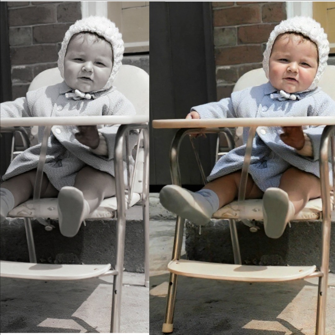  Visualize a close-up view of an artist’s hands at work, digitally enhancing an old photograph. The scene should show the before-and-after transformation on a computer screen. Bright, high-quality lighting should illuminate the workspace, accompanied by the textured details of the photograph under restoration. Include hints of artistic tools around like brushes and color palettes, symbolizing the fusion of traditional and digital restoration techniques, captured in photorealistic detail.