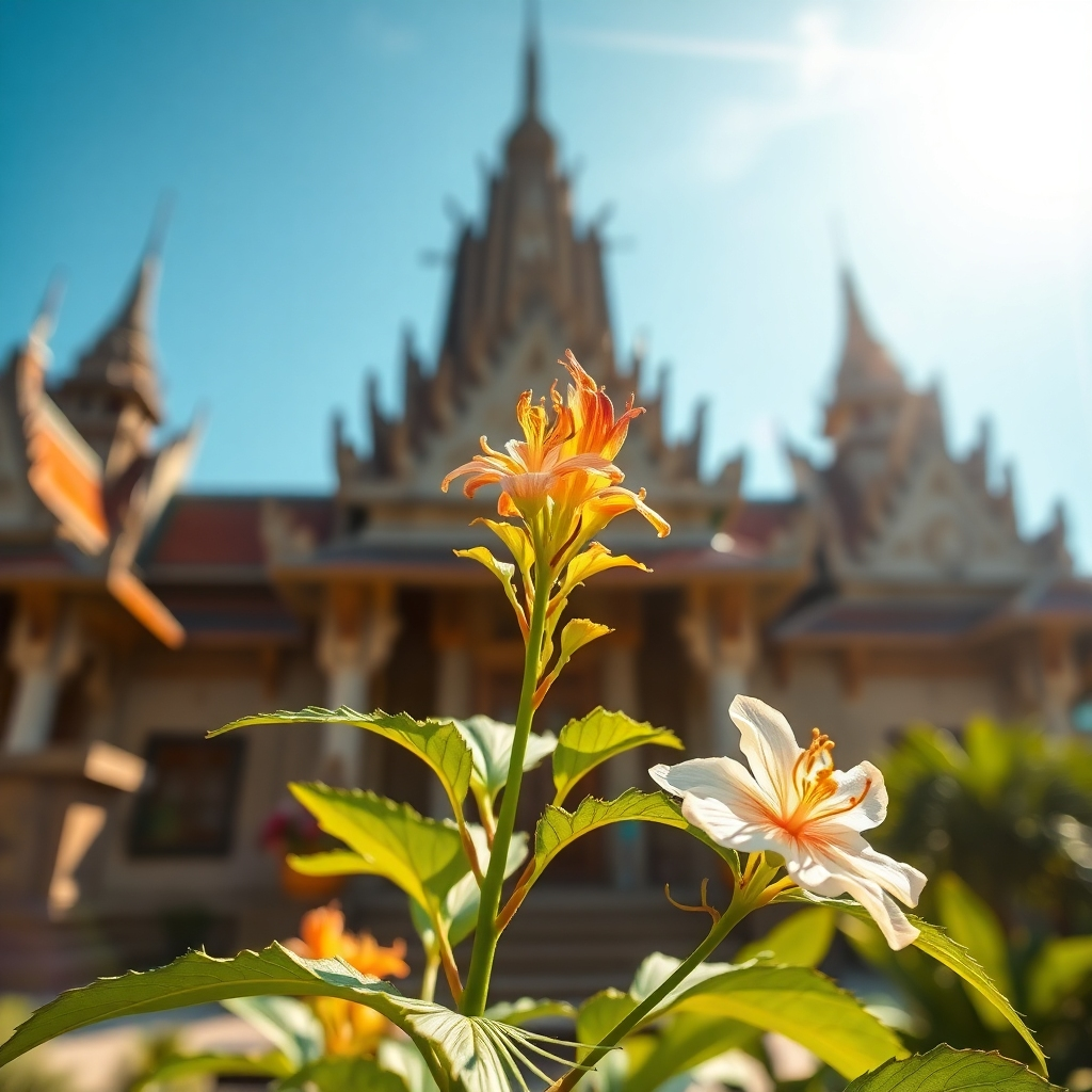A close-up shot of Andrographis Paniculata leaves and flowers, meticulously arranged against a backdrop of ancient Thai temple architecture, bathed in warm, natural sunlight. High-resolution, photorealistic style, emphasizing the herb's texture and vibrant colors.