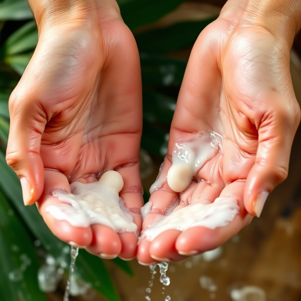 A close-up shot of hands washing with a lather of creamy, white soap made from palm kernel oil. The soap should be in a natural setting, with soft lighting and a focus on the smooth, hydrated texture of the skin after washing. The background could feature lush green leaves or a wooden surface.