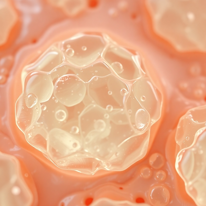 A microscopic image of healthy skin cells, with a vibrant, healthy appearance.  Overlay this with a subtle visualization of palm kernel oil molecules forming a protective layer on the surface of the skin cells, visually demonstrating the barrier function support.  The style should be scientifically accurate but aesthetically pleasing.