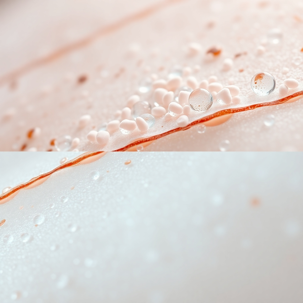 A microscopic image showing a layer of coconut oil molecules forming a protective barrier on a skin cell. Then, an image showing healthy skin cells protected by the barrier. The overall image should be visually striking and highly detailed, emphasizing the scientific aspect of coconut oil's protective properties.