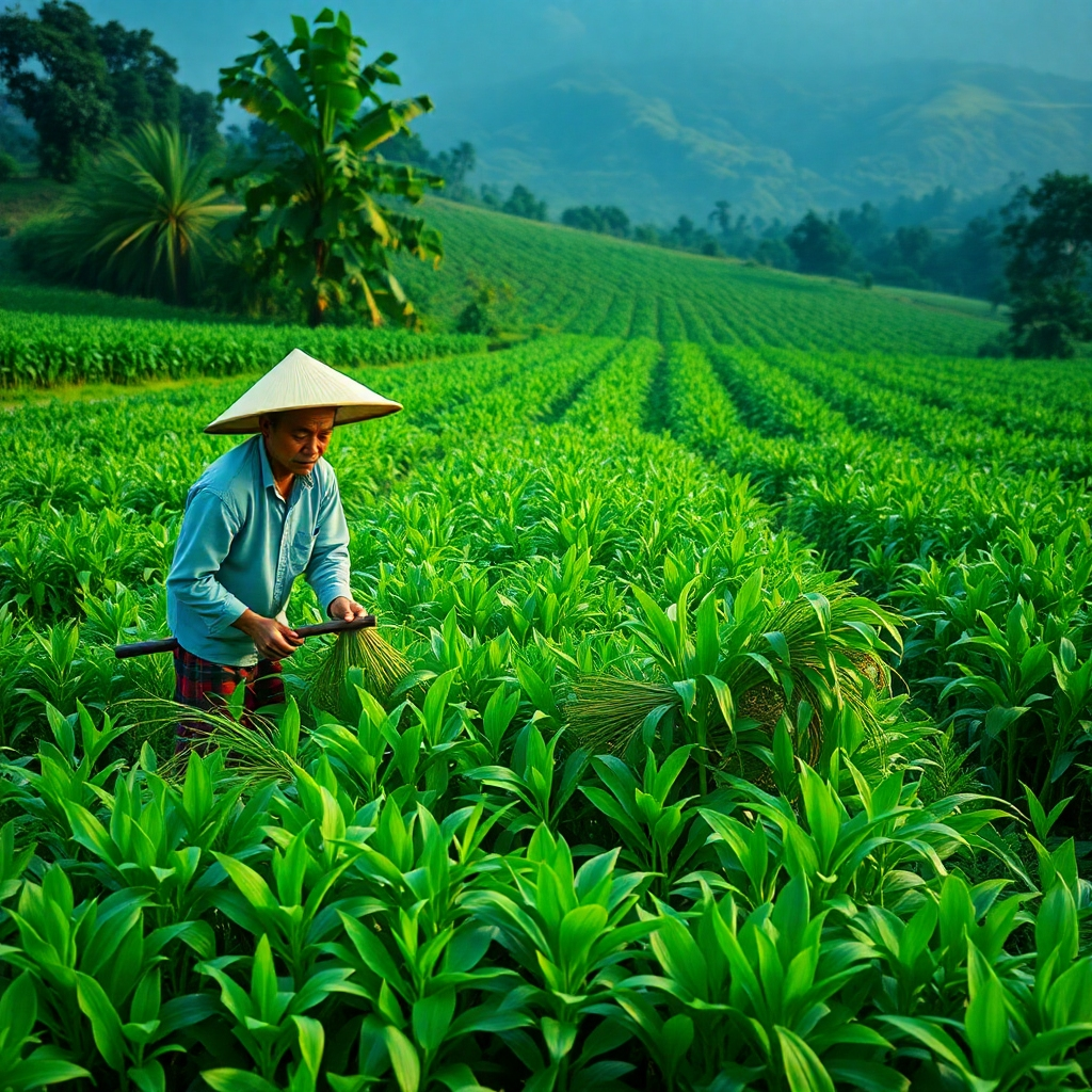 A photorealistic image depicting a lush green landscape of a Thai herbal farm where Andrographis Paniculata is cultivated. Show farmers carefully harvesting the plant using traditional methods. The overall aesthetic should convey sustainability and ethical sourcing, with warm lighting and natural colors.