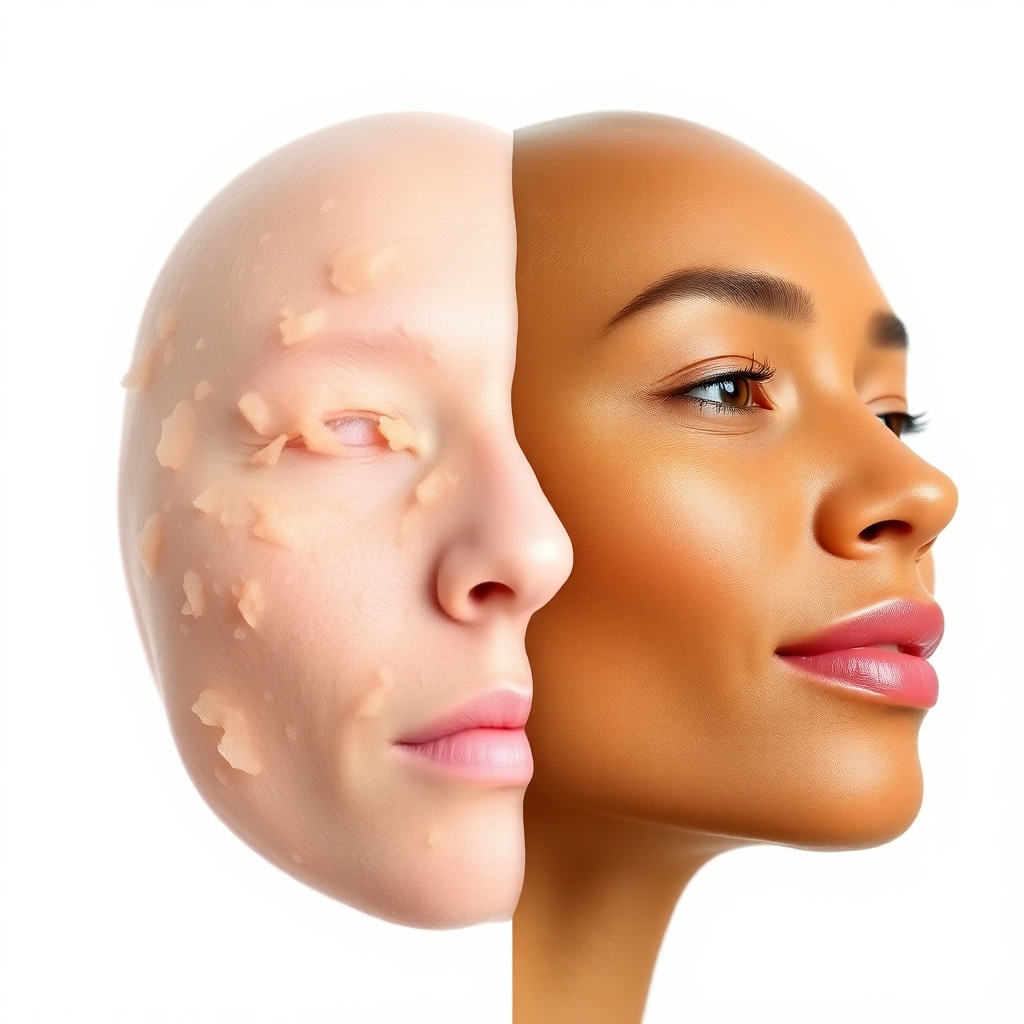 A split image showcasing the difference in skin hydration. One side depicts dry, flaky skin, while the other side shows healthy, radiant skin moisturized with palm kernel oil-based soap. High resolution, focus on the texture difference. A minimalist aesthetic with a clean white background is preferable.