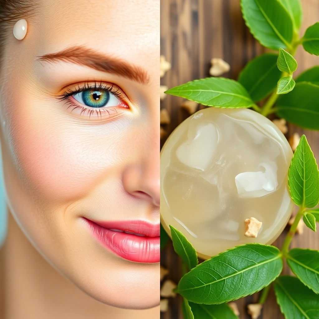 A split image showing: one side, healthy, glowing skin after using the soap; the other side, a close-up of the soap's ingredients – Andrographis Paniculata leaves and other natural elements. The style should be clean and modern.