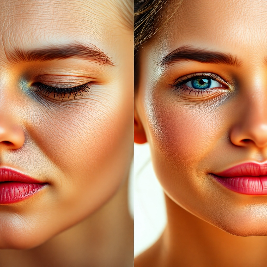 A split-screen image showing the difference in skin hydration and texture. One side showcases dry, dull-looking skin, while the other side reveals radiant, healthy skin visibly nourished with coconut oil.  Use a vibrant color palette and focus on the visual contrast to emphasize the effects of coconut oil.