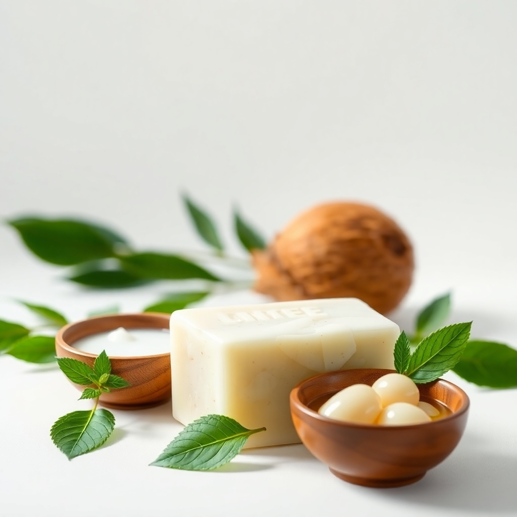 A studio shot showcasing the Andrographis Paniculata Herbal Cream Soap bar next to small bowls of coconut oil and palm kernel oil.  The background should be clean and minimalist, focusing on the ingredients. High-resolution, photorealistic image with a clean aesthetic and bright, natural lighting.