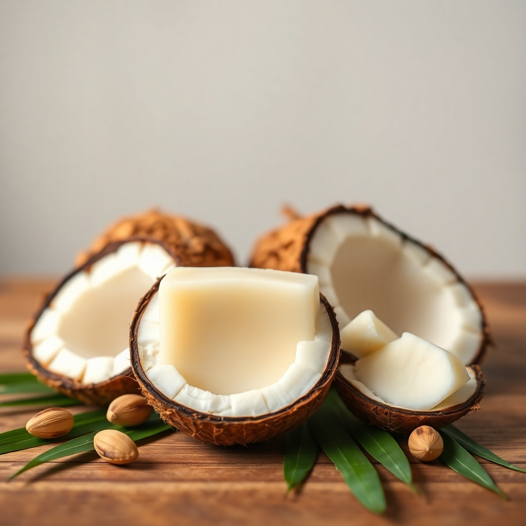 A studio shot showcasing the Andrographis Paniculata Herbal Cream Soap alongside its key ingredients: fresh coconuts cut open revealing their creamy white flesh and palm kernels.  The soap should be displayed on a wooden surface, with soft lighting. The image should emphasize the natural and pure ingredients, highlighting their color, texture, and freshness.