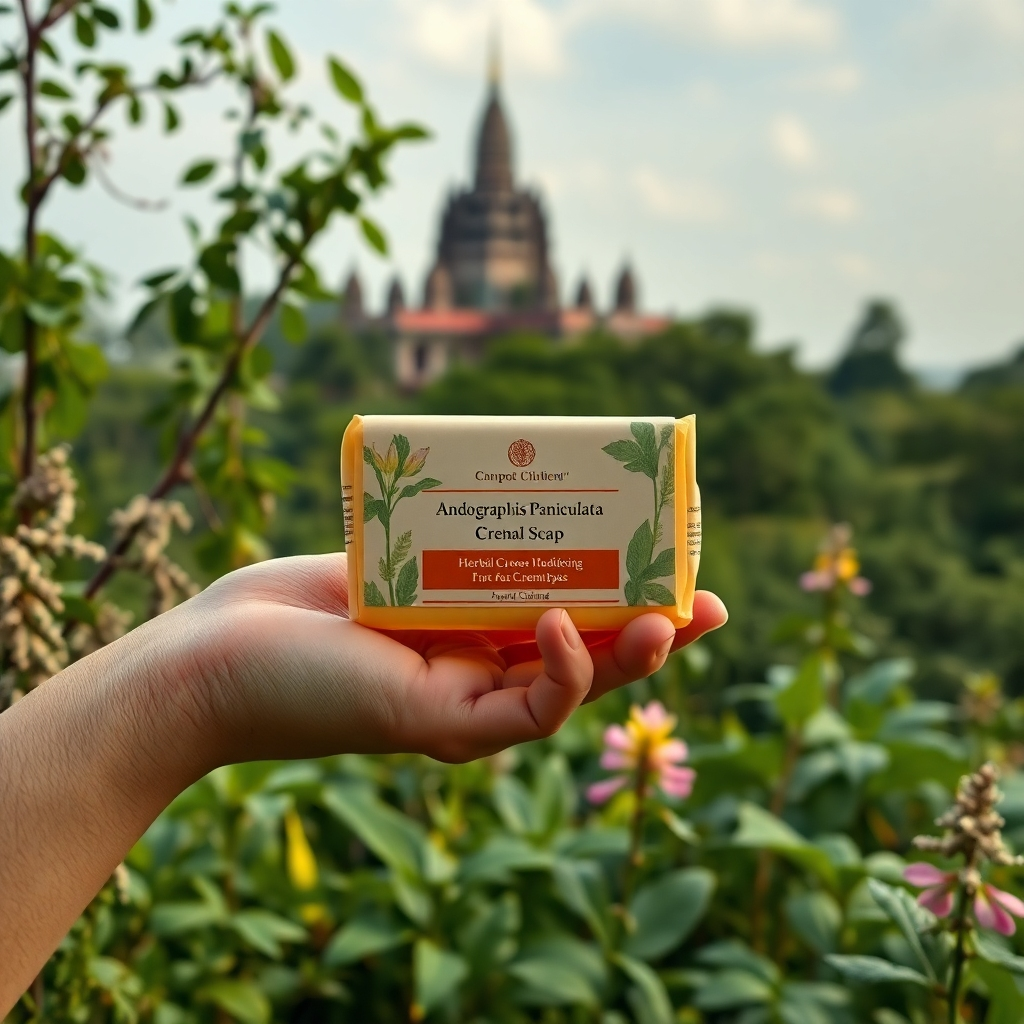 A visually appealing image featuring a hand holding the Andrographis Paniculata Herbal Cream Soap bar against a backdrop of lush Thai herbs and foliage, with a subtle ancient Thai temple in the far background.  The image should evoke a sense of tradition and natural healing.