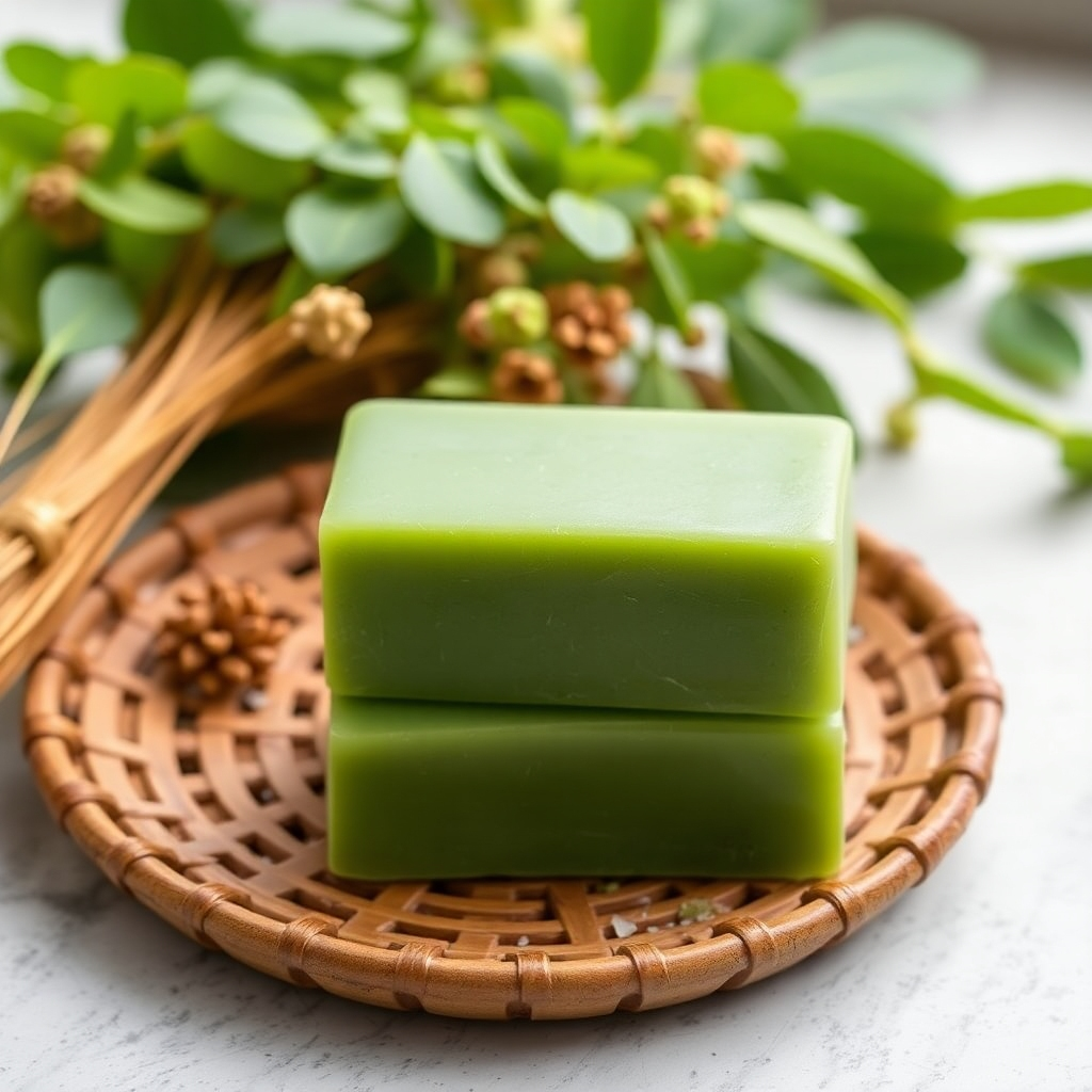A close-up shot of a bar of Andrographis Paniculata herbal cream soap, showcasing its creamy texture and natural color.  In the background, subtly blurred, are ancient Thai temple carvings or traditional Thai medicinal herbs.