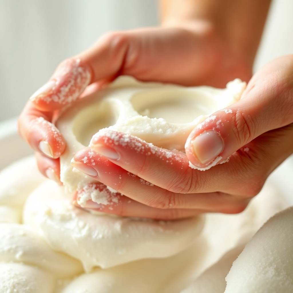 Close-up shot of hands gently lathering Andrographis Paniculata Herbal Cream Soap. The soap should appear creamy white with a subtle green hue, producing a rich, thick lather.  Focus on the texture and the luxurious feel. The background should be blurred and softly lit, emphasizing the soap's texture and the smooth skin.