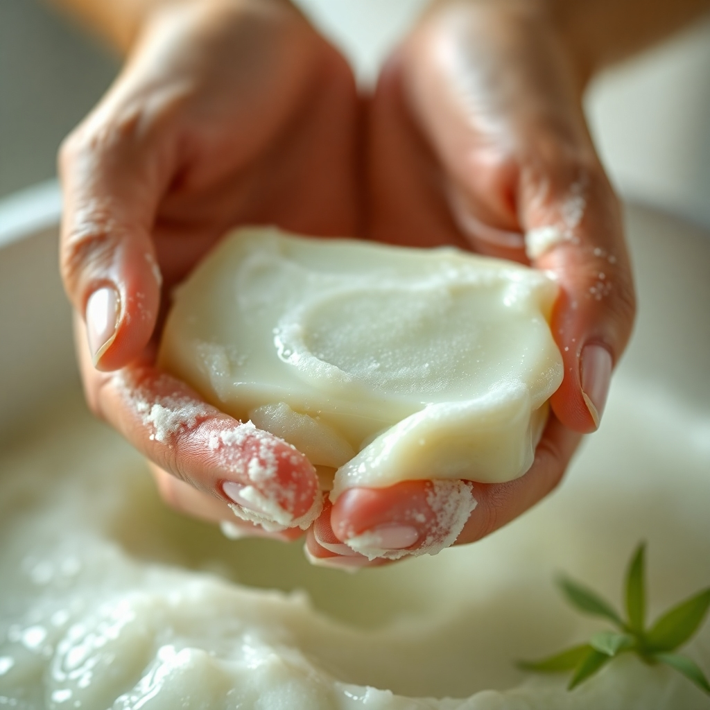 Close-up shot of hands gently lathering Andrographis Paniculata herbal cream soap. The soap should be a light green color, and the lather should be rich and creamy. The background should be blurred and out of focus, with soft lighting to create a calming atmosphere.  Focus on the texture of the lather and the feeling of relaxation.
