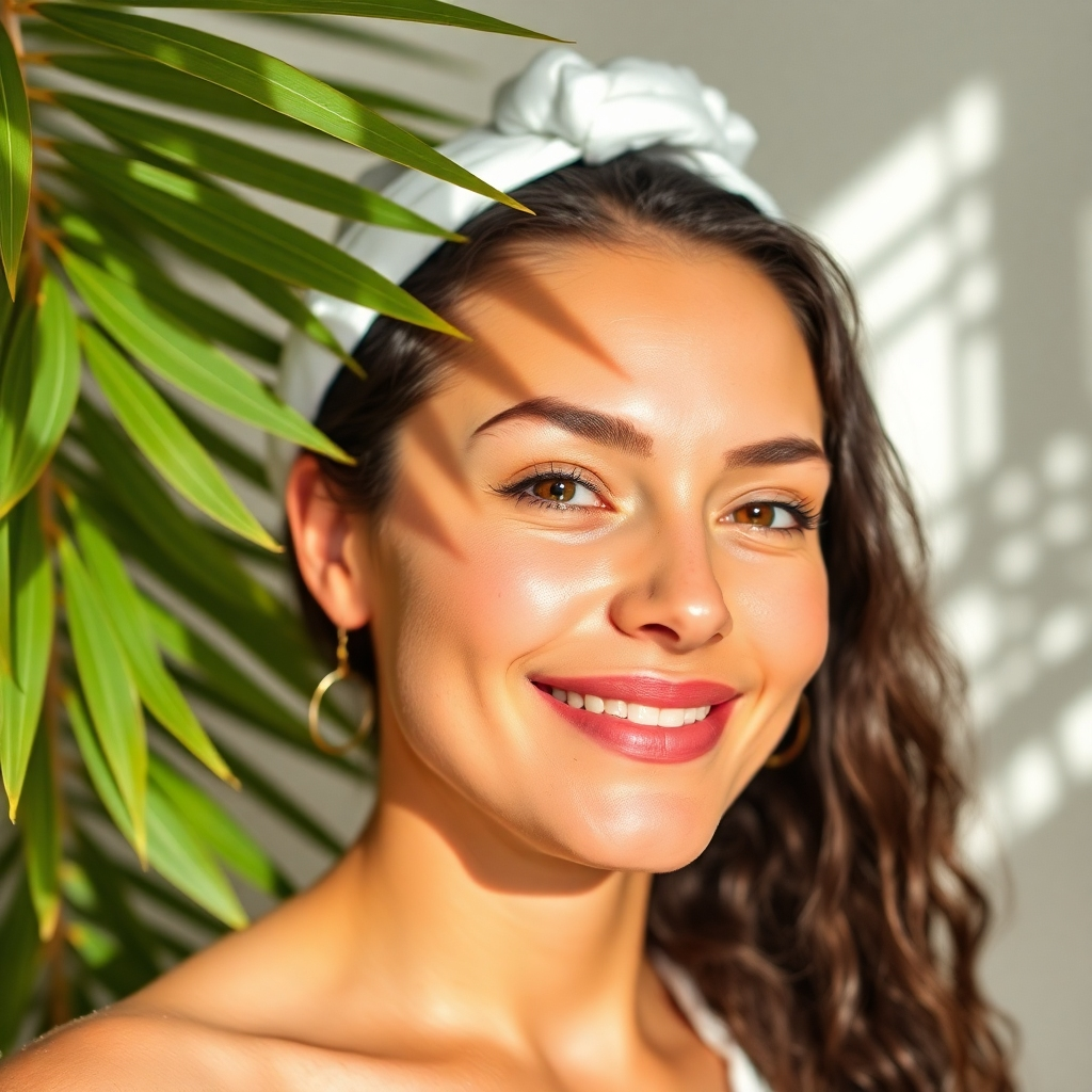 A woman with healthy, glowing skin smiles serenely. She holds a bar of Andrographis Paniculata herbal cream soap. The background is a lush, green garden representing natural beauty and health. Focus on the radiant skin and the healthy glow.