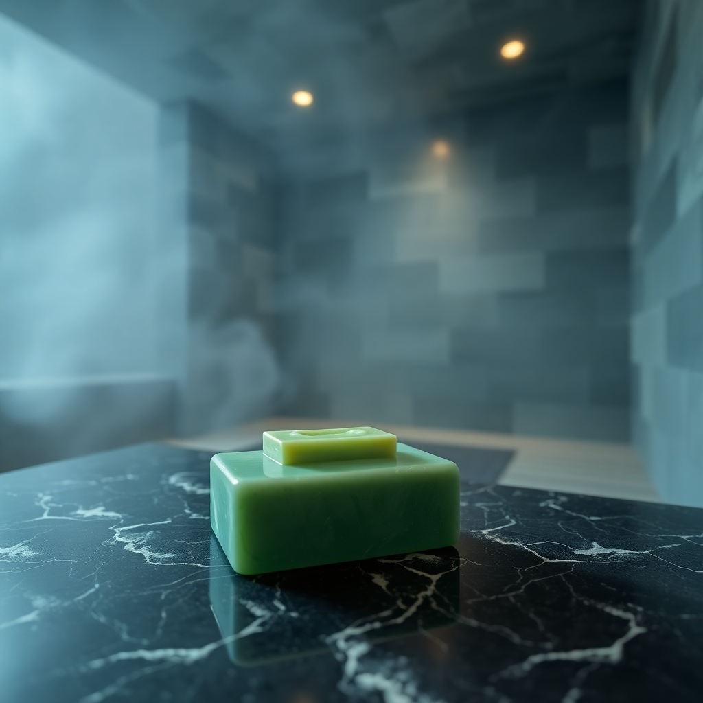 A spa-like setting with soft lighting. A bar of Andrographis Paniculata herbal cream soap sits on a smooth, dark stone surface next to a bowl of steaming water.  Steam rises gently, creating a mystical and peaceful ambiance.  The focus is on the soap and the serene atmosphere.