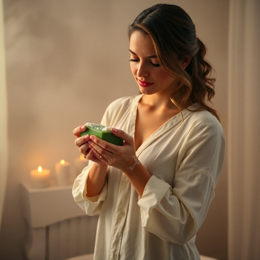 A person's hands gently lathering the Andrographis Paniculata soap on their skin.  The soap should produce a thick, luxurious lather. The background should be soft and natural, perhaps a spa-like setting with warm lighting.