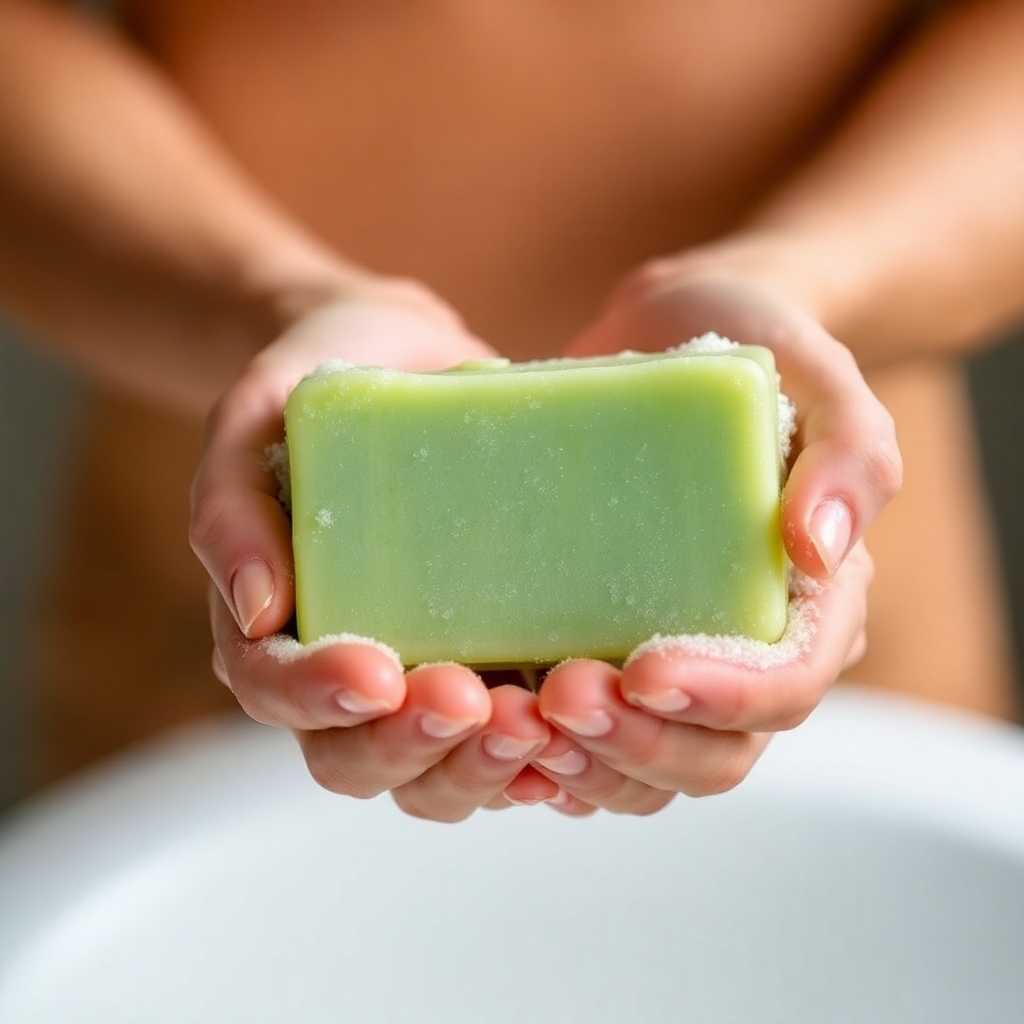 A close-up shot of hands gently washing with a creamy, herbal soap. The background is blurred, focusing on the soothing texture and color of the soap and the relaxed expression on the person's face. The lighting is soft and warm, enhancing the feeling of calmness and serenity. The soap should have a natural, earthy tone, subtly hinting at herbal ingredients.