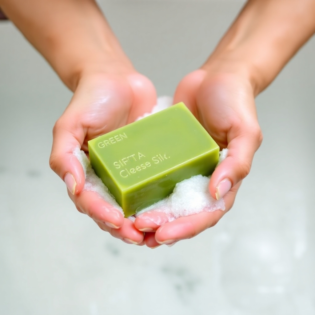 A close-up shot of Andrographis Paniculata Herbal Cream Soap lathering on hands, showcasing the creamy texture and rich foam. The background should be blurred, focusing attention on the lather's texture and color.  High-resolution, photorealistic image with warm lighting and a shallow depth of field.