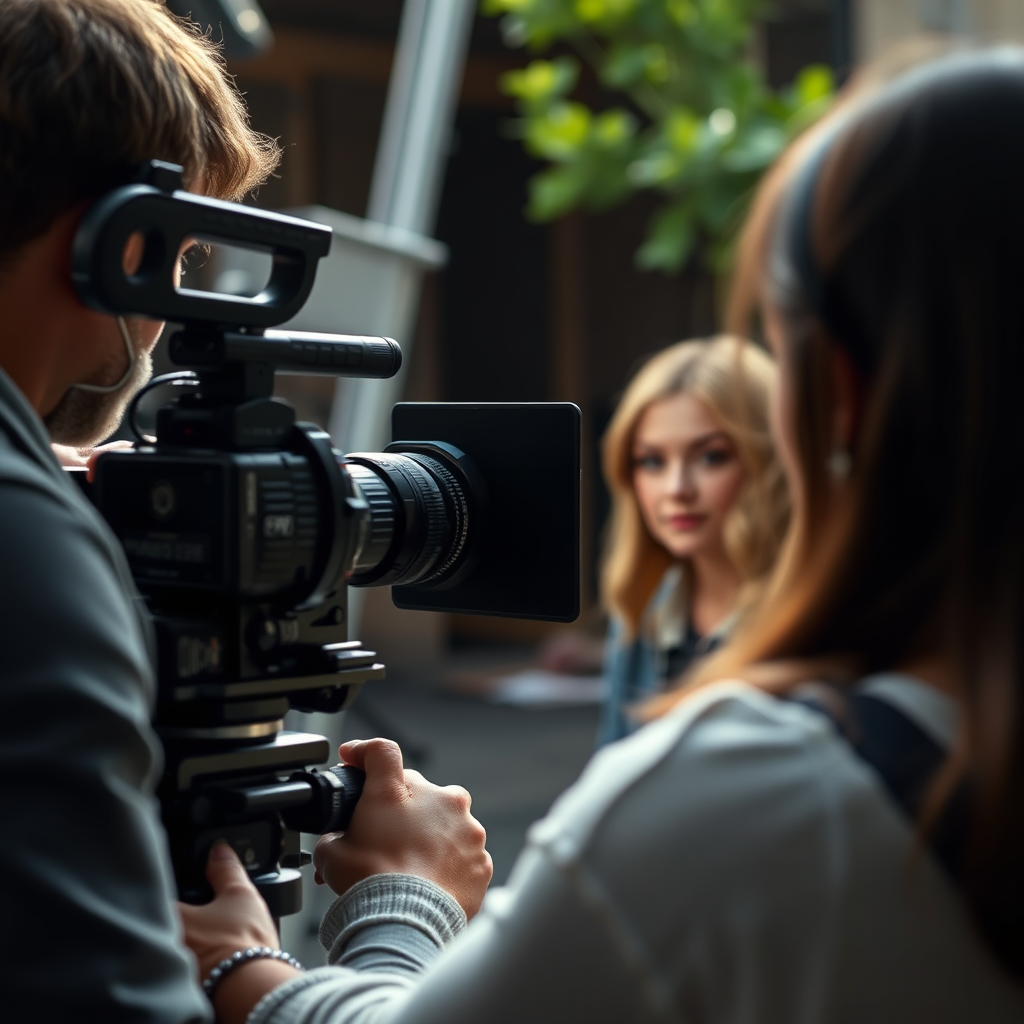 A behind-the-scenes shot of a film set. Focus on a camera crew filming a scene with the lead actress. Natural lighting, candid style. Photorealistic, 4K resolution.