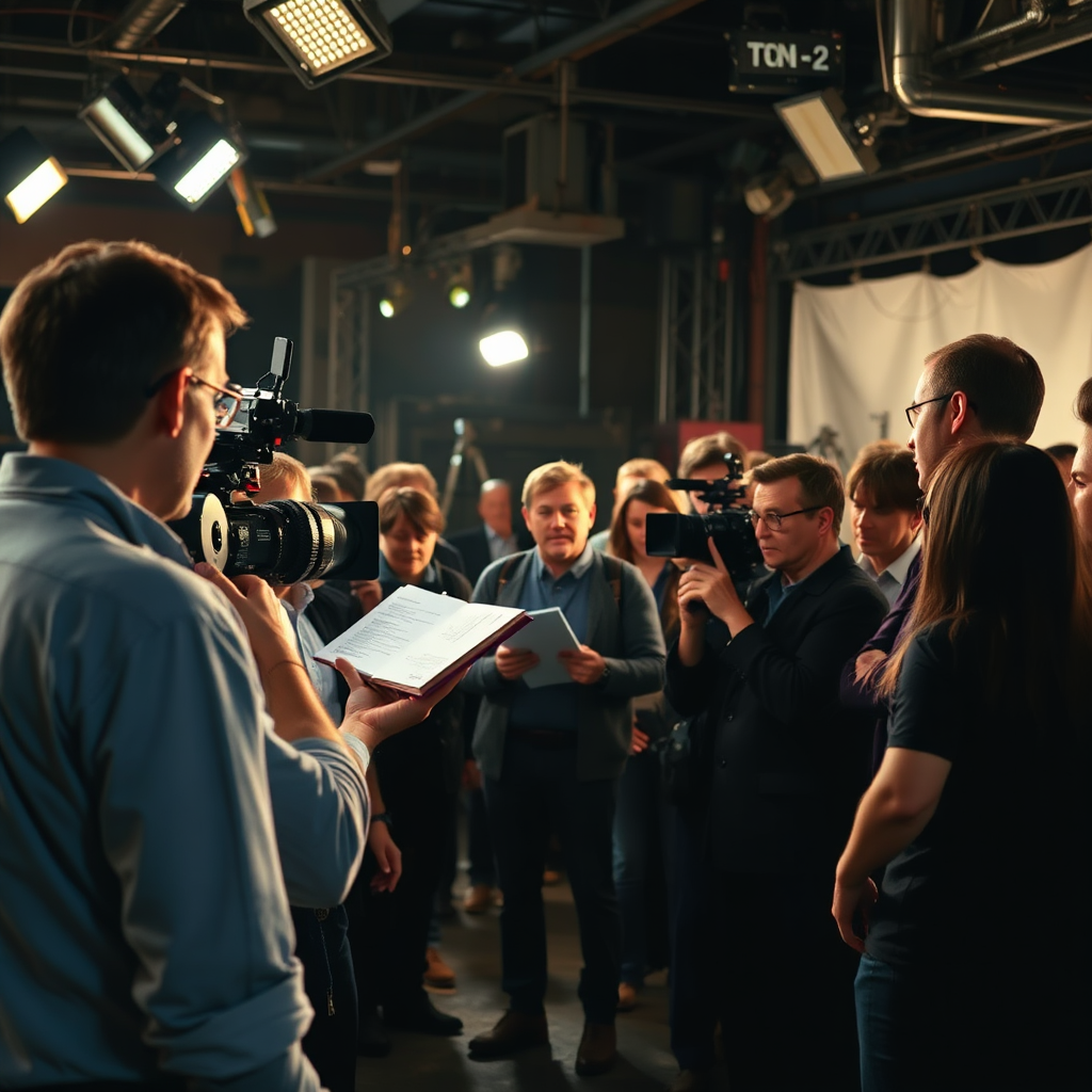 A bustling film set with a director giving instructions to the crew and actors. Focus on capturing the collaborative energy and the complex interplay of different roles on set. Consider the lighting and camera angles to convey the dynamic atmosphere.