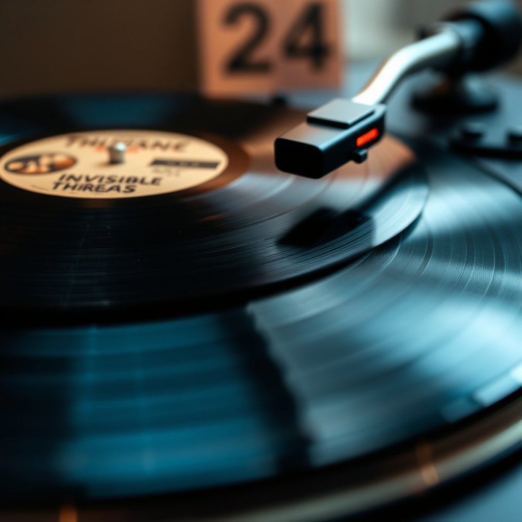 A close-up of a vinyl record spinning on a turntable, with the album cover for 'Invisible Threads' visible. Soft, warm lighting, vintage style. Photorealistic, 4K resolution.