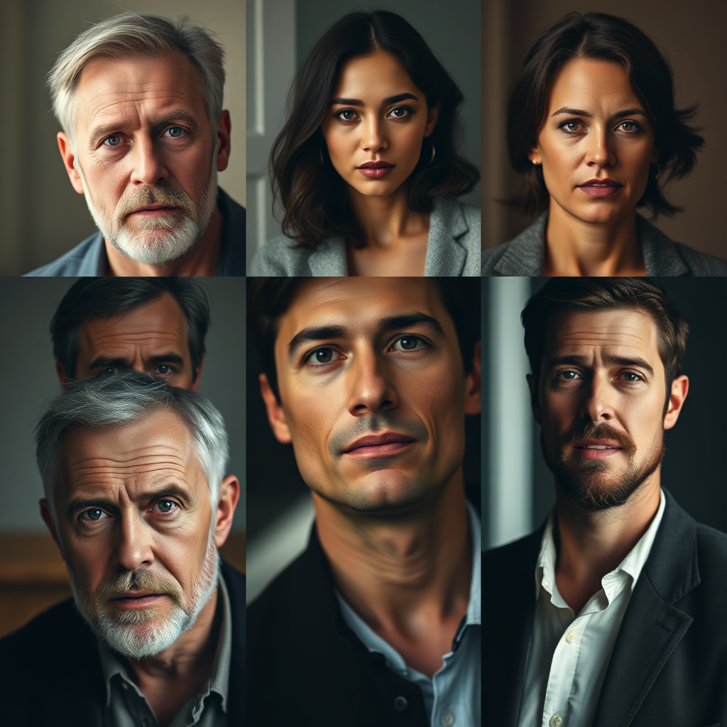 A collage of headshots of the main actors from the film, with subtle lighting and natural expressions. Warm color palette, professional photography. Photorealistic, 4K resolution.