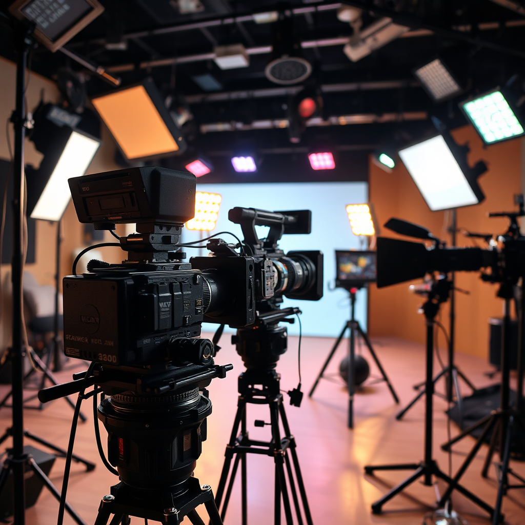 A complete film production setup with camera, lights, and sound equipment on a studio set. Capture the dynamism and technical sophistication of modern film production.