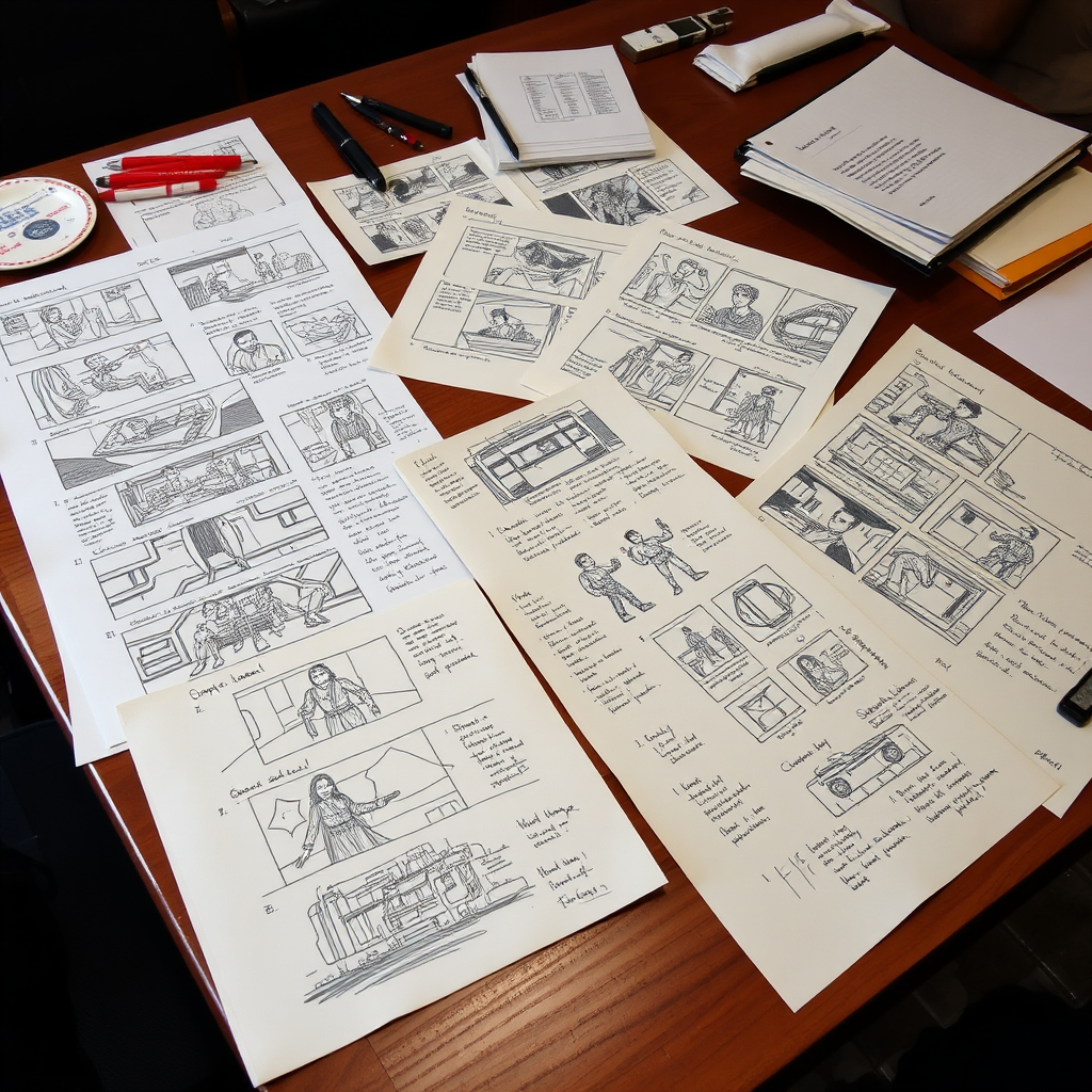 A detailed storyboard spread out on a table, with various sketches and notes illustrating scene breakdowns for a film project. The style is reminiscent of hand-drawn storyboards used in classic Hollywood productions, with a focus on visual storytelling and pre-visualization.