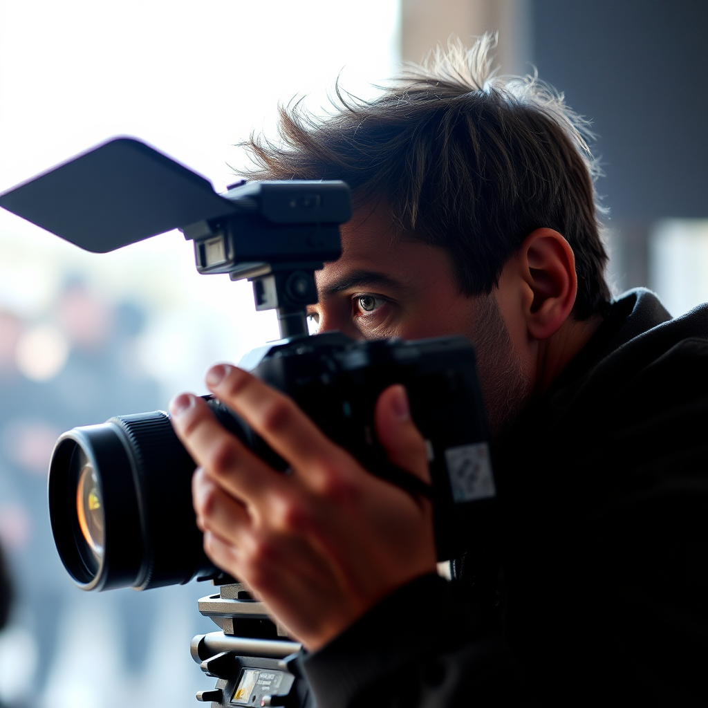 A director behind the camera, looking through the viewfinder with a focused expression. The scene should convey the director's authority and artistic vision, with a focus on capturing the intensity and creativity of the filmmaking process.