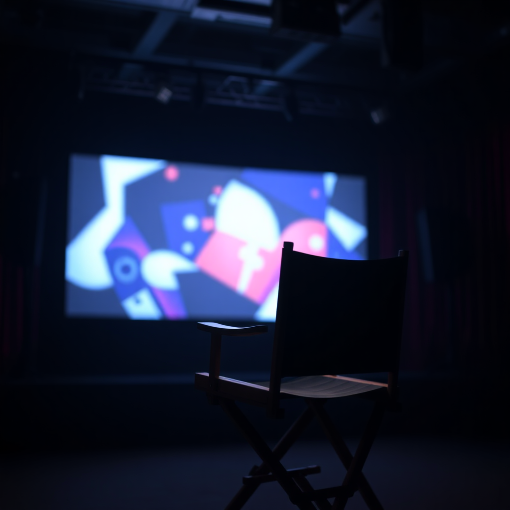 A director's chair on a film set, subtly illuminated by the light of a movie screen. The screen displays abstract shapes and colors. Moody lighting, shallow depth of field. Photorealistic, 4K resolution.