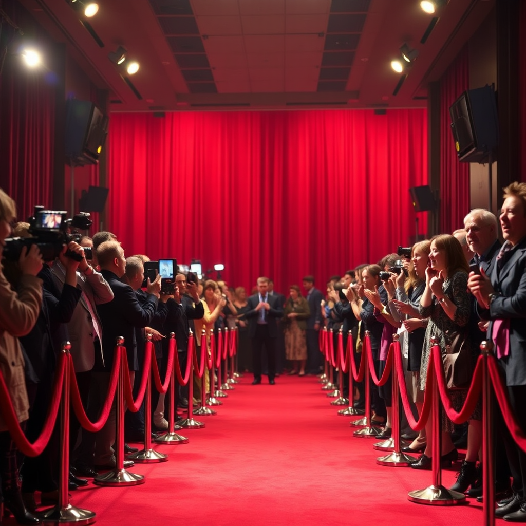 A film premiere with a red carpet, paparazzi, and excited audience members. The scene should convey the glamour and excitement of film distribution, with a focus on the celebration and impact of a successful film release.