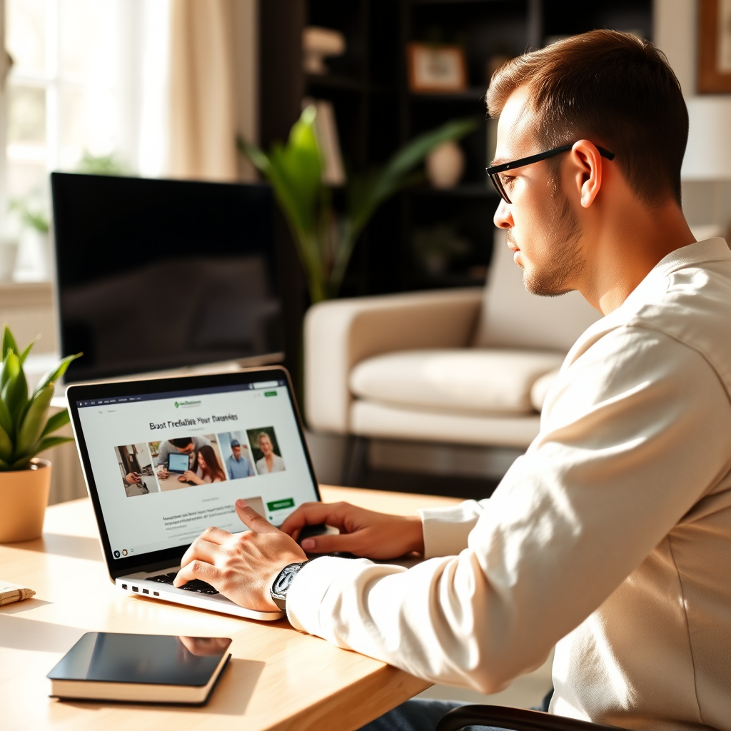 A freelancer working on a laptop in a bright, modern home office. The laptop displays the Boostaffiliate interface with a website showcasing the freelancer's portfolio. Soft, natural lighting. Color palette: Warm and inviting, with shades of beige and pastel colors. Camera angle: Medium shot focusing on the freelancer and laptop. Style: Realistic, emphasizing productivity and flexibility. 8K resolution.