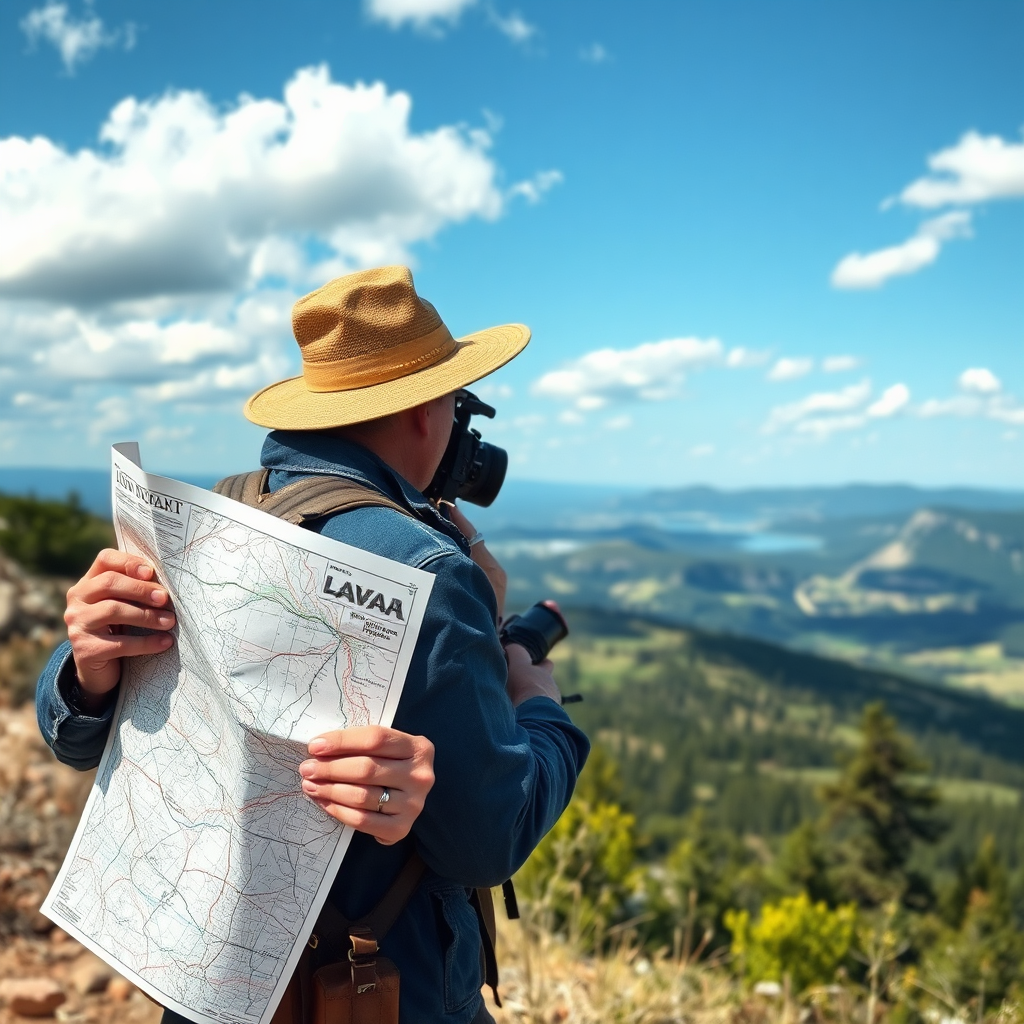 A location scout with a map and camera, exploring a scenic landscape. The scene should convey the excitement and adventure of location scouting, with a focus on capturing the beauty and diversity of potential filming locations.
