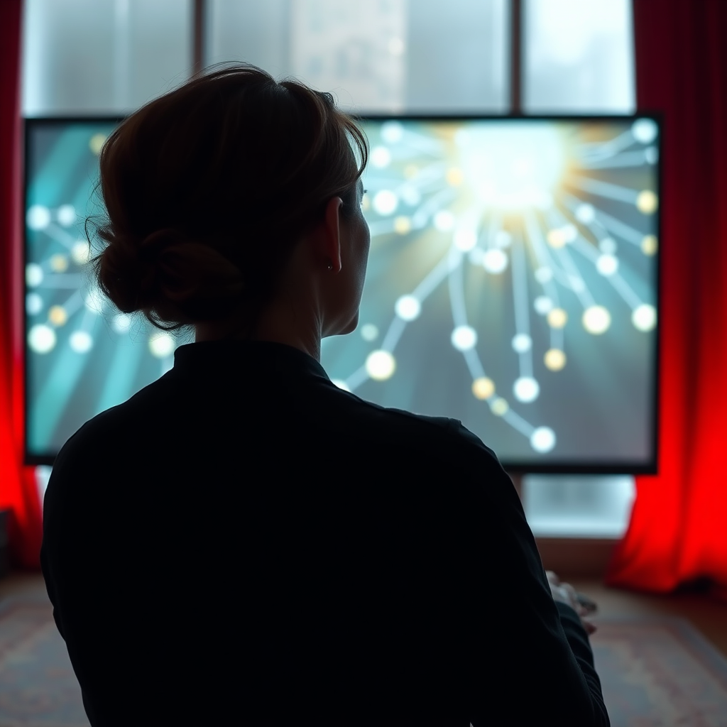A movie screen displaying a scene from the 'Invisible Threads' trailer. The scene should feature the woman seeing the connections. Dynamic lighting, high contrast. Photorealistic, 4K resolution.