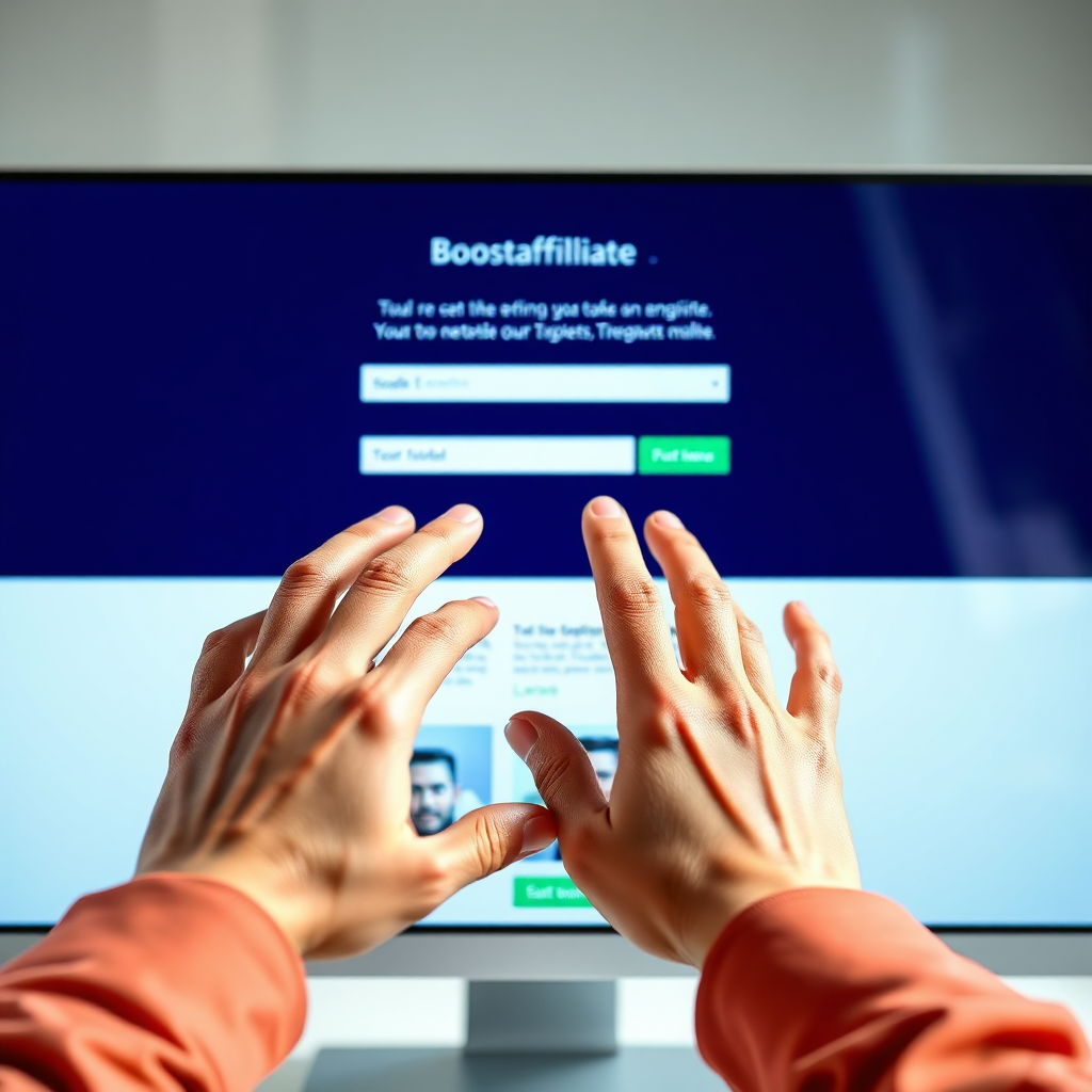 A pair of photorealistic hands effortlessly dragging and dropping website elements (images, text boxes, buttons) onto a clean, modern website template within the Boostaffiliate interface. The screen should be vibrant and easy to navigate. The background should be softly blurred. Lighting should be bright and focused on the screen and hands. Color palette should be clean and modern, with blues and greens. Camera angle: close-up, focusing on the interaction with the interface. Style: User-friendly and intuitive, highlighting the ease of use. 8K resolution.