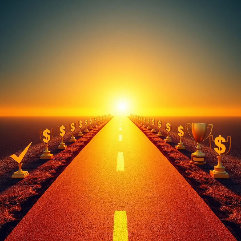A path stretching into the distance, leading to a bright horizon. The path is lined with success symbols like dollar signs, checkmarks, and trophies. The horizon represents the unlimited potential. Lighting: Warm and optimistic. Color palette: Gold and vibrant blue. Style: Inspirational and forward-looking. 8K resolution.