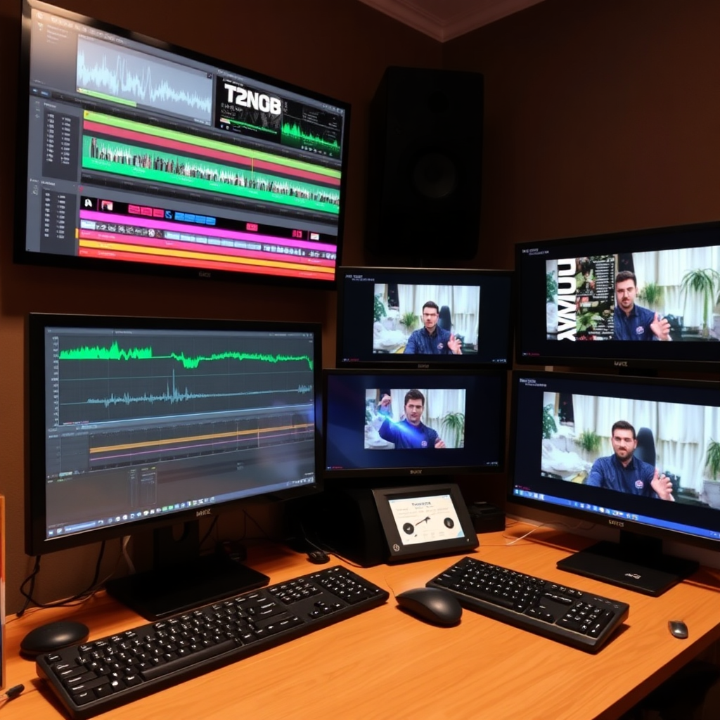 A post-production editing suite with multiple monitors displaying timelines, waveforms, and video previews. Convey the complexity and precision of post-production work.