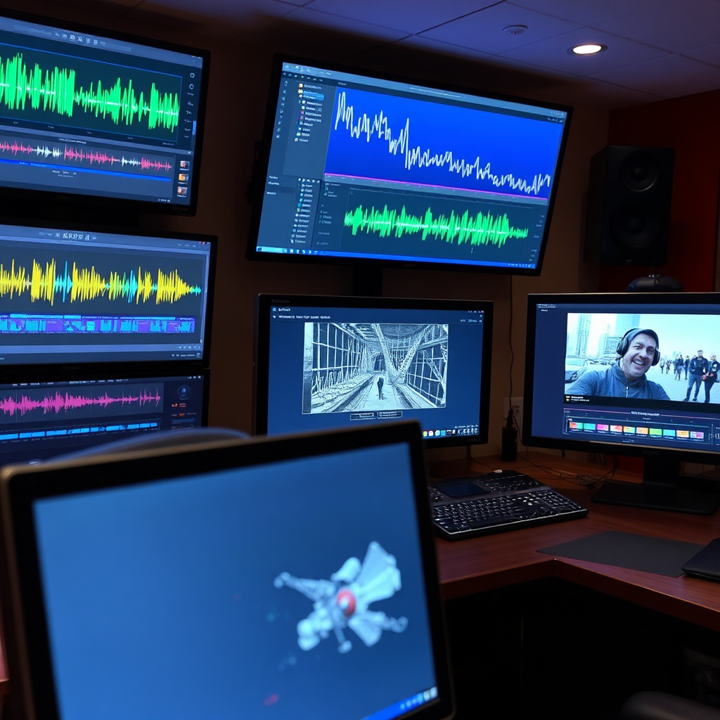 A post-production editing suite with multiple monitors displaying timelines, waveforms, and video previews. The scene should convey the complexity and precision of post-production work, with a focus on the digital tools and creative processes involved.
