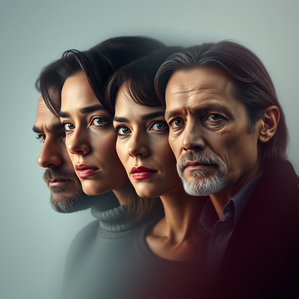 A series of interconnected portraits fading one into another. Each portrait represents a main character. Soft lighting and color palette. Photorealistic, 4K resolution.