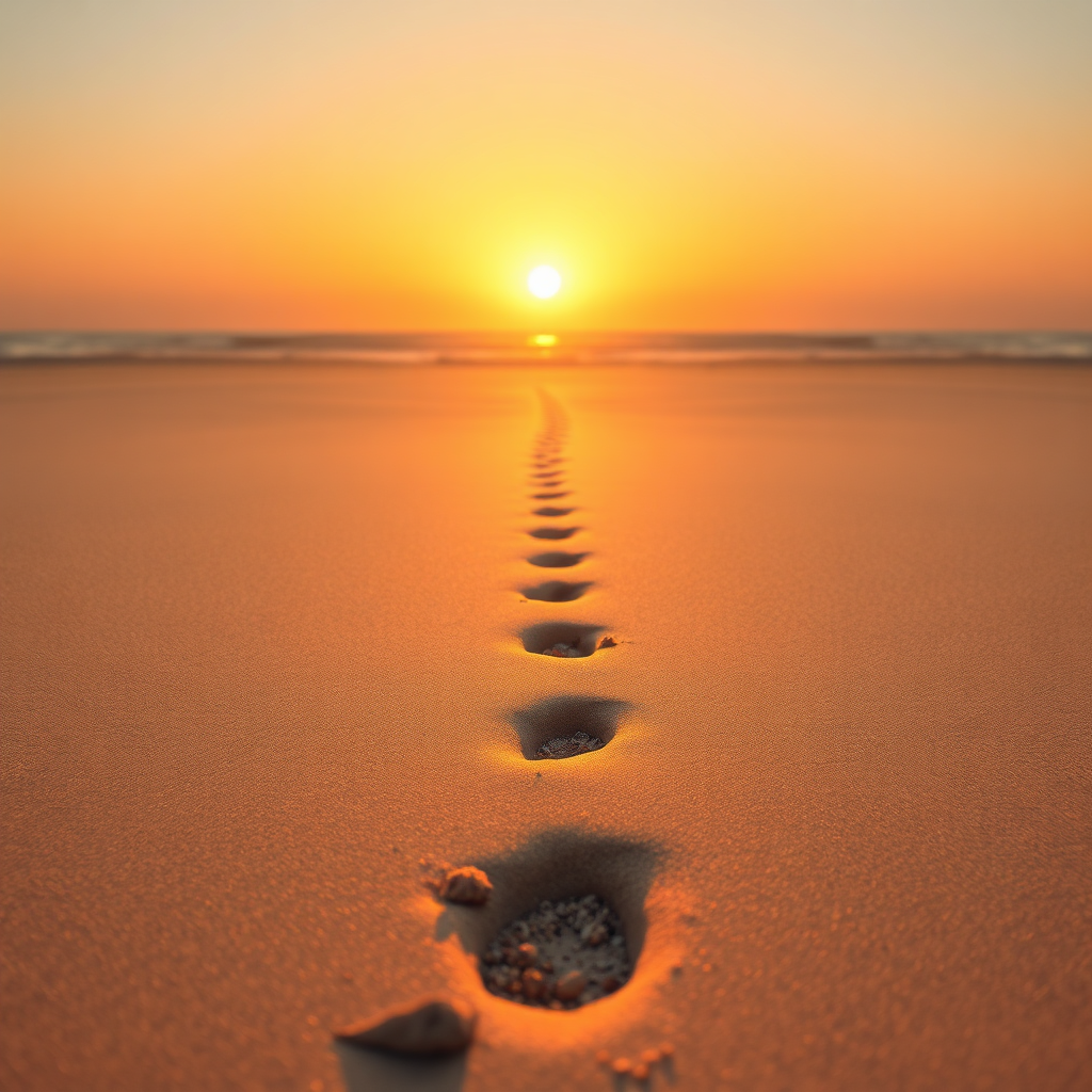 A single footprint in the sand, with a clear path ahead leading toward a beautiful sunrise. The environment is a serene beach scene. The sunrise symbolizes new beginnings. Lighting: Golden and hopeful. Color palette: Warm earth tones and bright sky colors. Style: Peaceful and inspiring. 8K resolution.