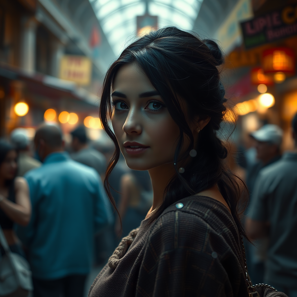 A woman standing in a crowded marketplace, her eyes slightly glowing. Thin, shimmering threads of light connect her to different people, almost imperceptible. Soft, diffused lighting, warm color palette. Photorealistic, 4K resolution.