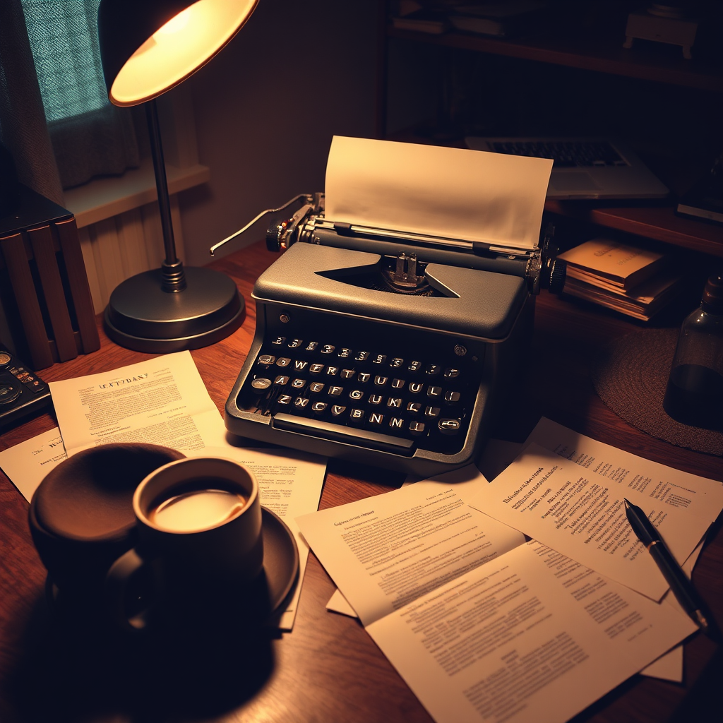 A writer's desk with a vintage typewriter, scattered pages of script, and a cup of coffee. The lighting is warm and inviting, creating a sense of creativity and inspiration. Consider adding elements that suggest different genres, such as a noir-style hat or a sci-fi gadget.