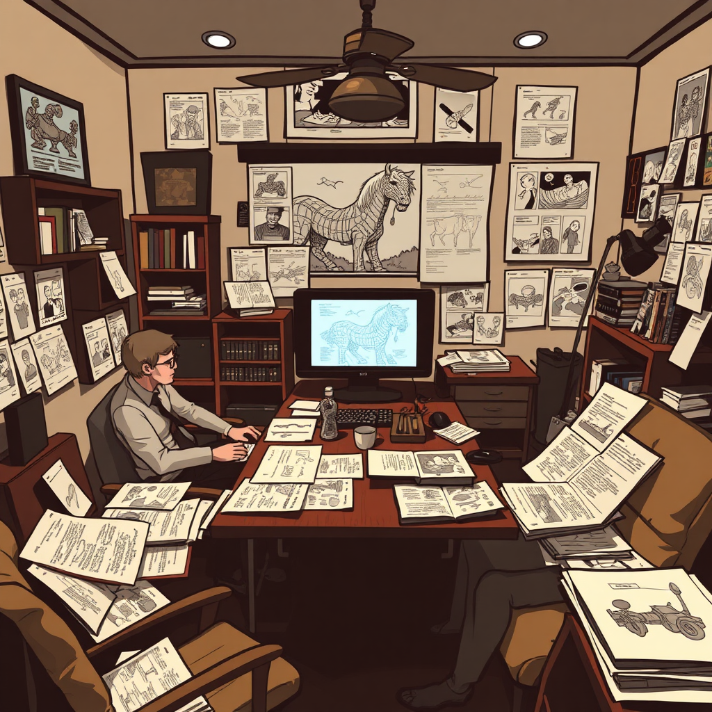 A writer's room filled with storyboards, scripts, and concept art. Highlight the collaborative and creative process of developing a film concept.