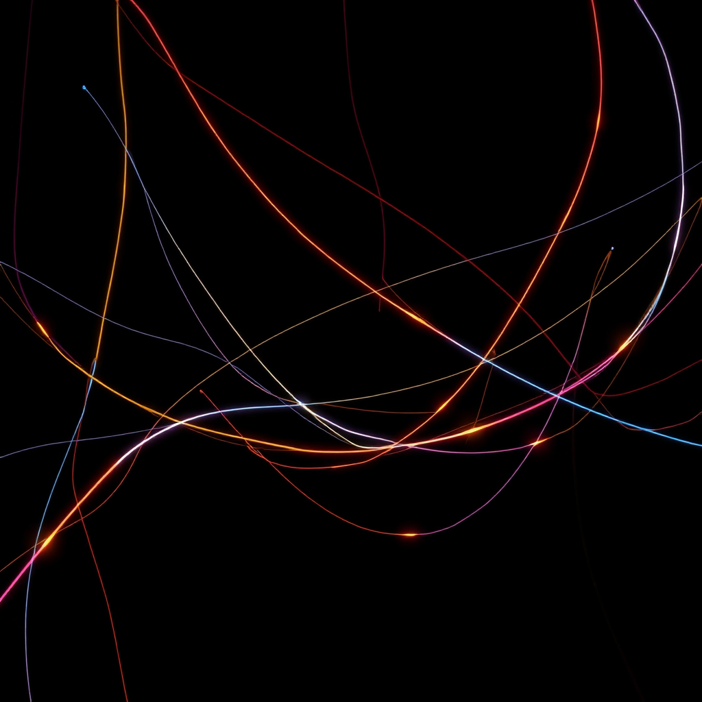 Abstract image of intertwined threads of light against a dark background. The threads should be different colors and thicknesses, representing various connections. High contrast, vibrant colors. Stylized, 4K resolution.