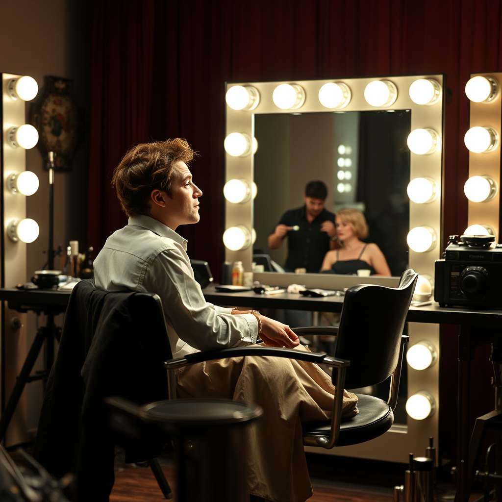 An actor in a makeup chair, preparing for a scene. The setting should convey the transformation and preparation involved in acting, with a focus on the subtle details of makeup, wardrobe, and emotional readiness. Consider adding elements that suggest different acting styles, such as method acting or classical training.