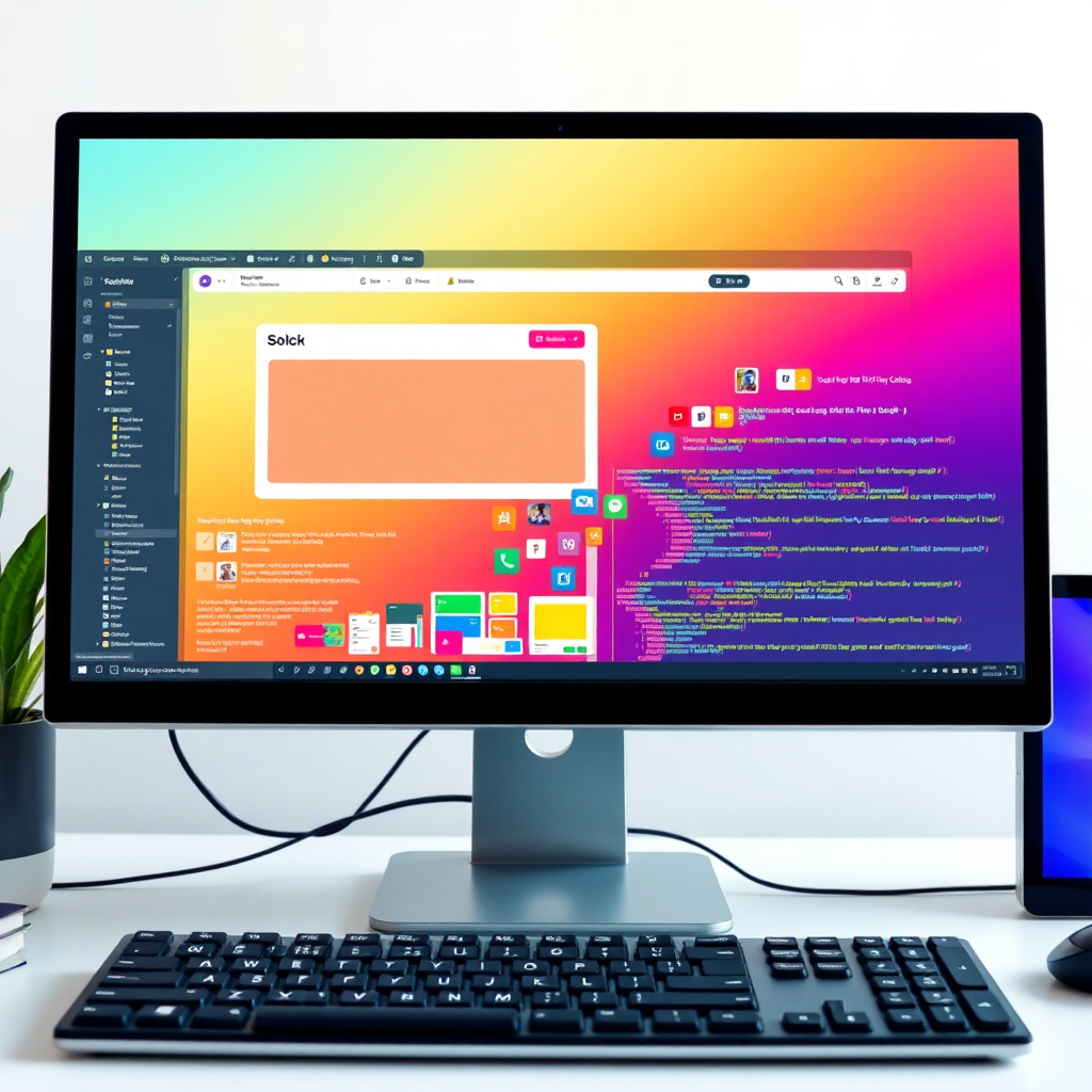 Depict a photorealistic computer screen displaying the Boostaffiliate interface. Instead of lines of code, visualize colorful building blocks and drag-and-drop elements forming a complete website layout. The background should be a clean, uncluttered workspace. Lighting should be bright and focused on the screen. Color palette: vibrant and playful, emphasizing the visual nature of the process. Camera angle: medium shot, capturing the entire screen and keyboard. Style: Accessible and empowering, highlighting the ease of website creation. 8K resolution.