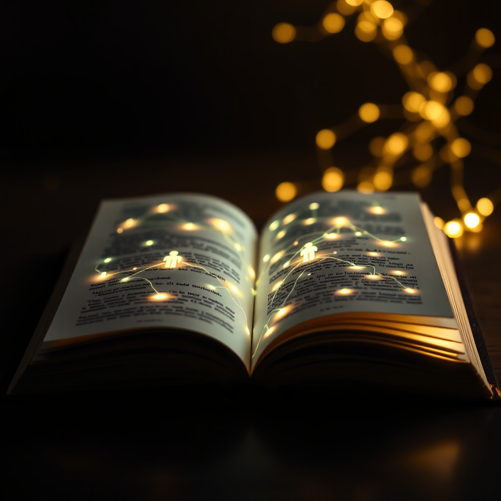 Open book with glowing pages, symbols representing connections between people. Focus on imagery of intertwined lines and pathways of light. 4K resolution, highly detailed, ethereal glow.
