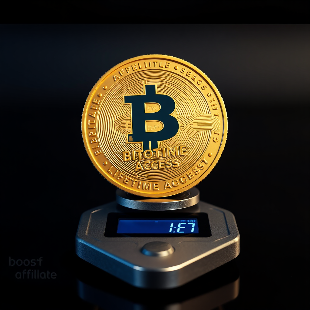 Visualize a golden coin with the Boostaffiliate logo on one side, and the words 'Lifetime Access' engraved on the other. The coin is resting on a digital scale, perfectly balanced, symbolizing the value and stability of the offer. The background should be a dark, elegant surface. Lighting should be dramatic, highlighting the coin's details. Color palette: golds and deep blues, conveying value and trust. Camera angle: close-up, focusing on the coin's texture and detail. Style: Elegant and trustworthy. 8K resolution, hyperrealistic rendering.