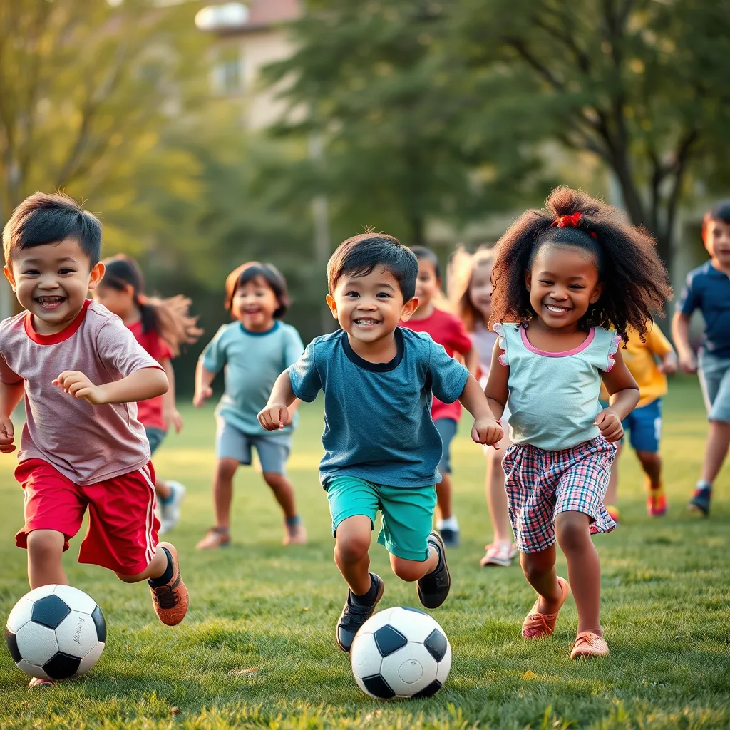 A diverse group of children playing active games outdoors, like soccer, basketball, and skipping rope, with a focus on their smiling faces and enjoying a healthy lifestyle.