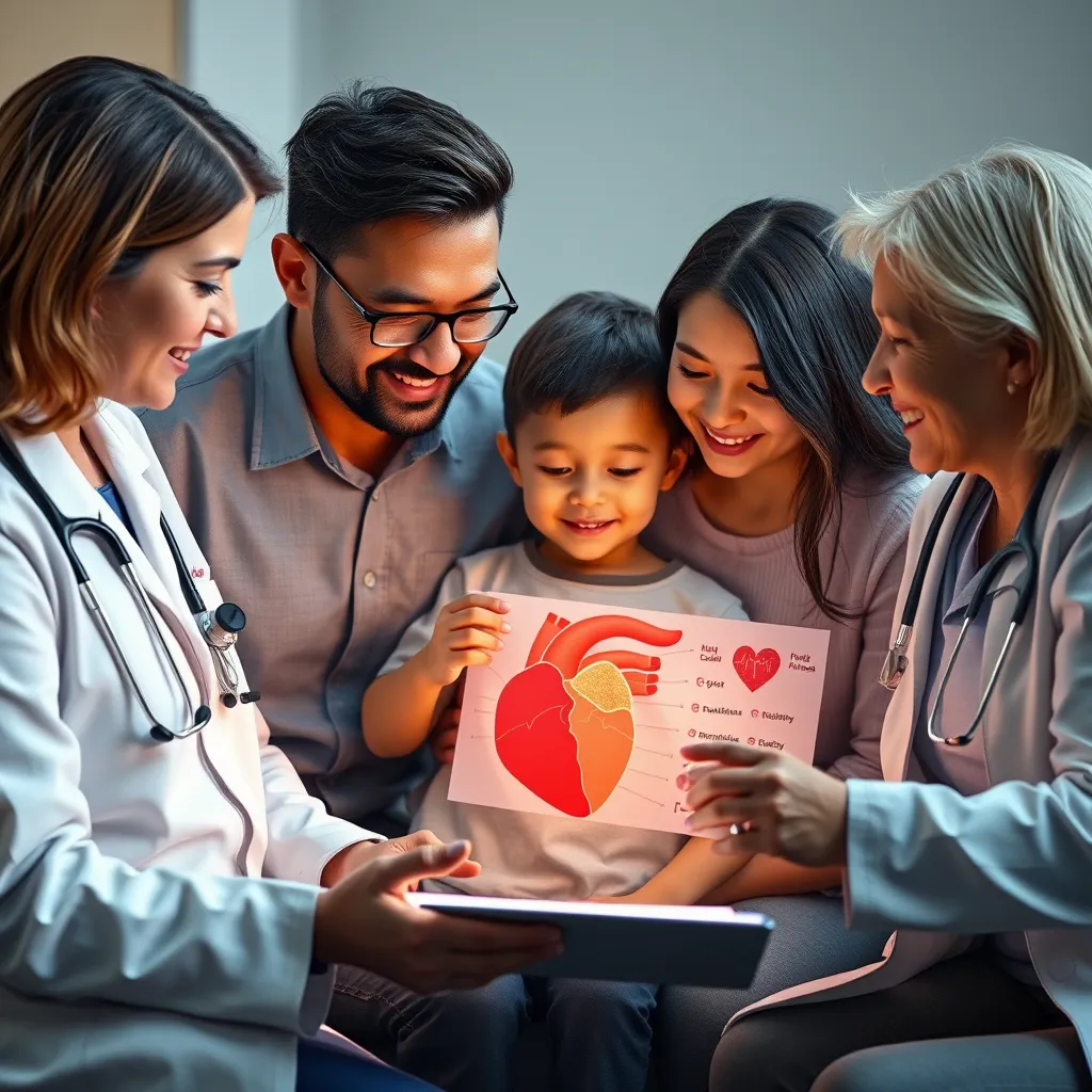A family, including a parent and child with a heart condition, engaged in a positive and supportive interaction with a doctor, while looking at a heart diagram and discussing treatment options.