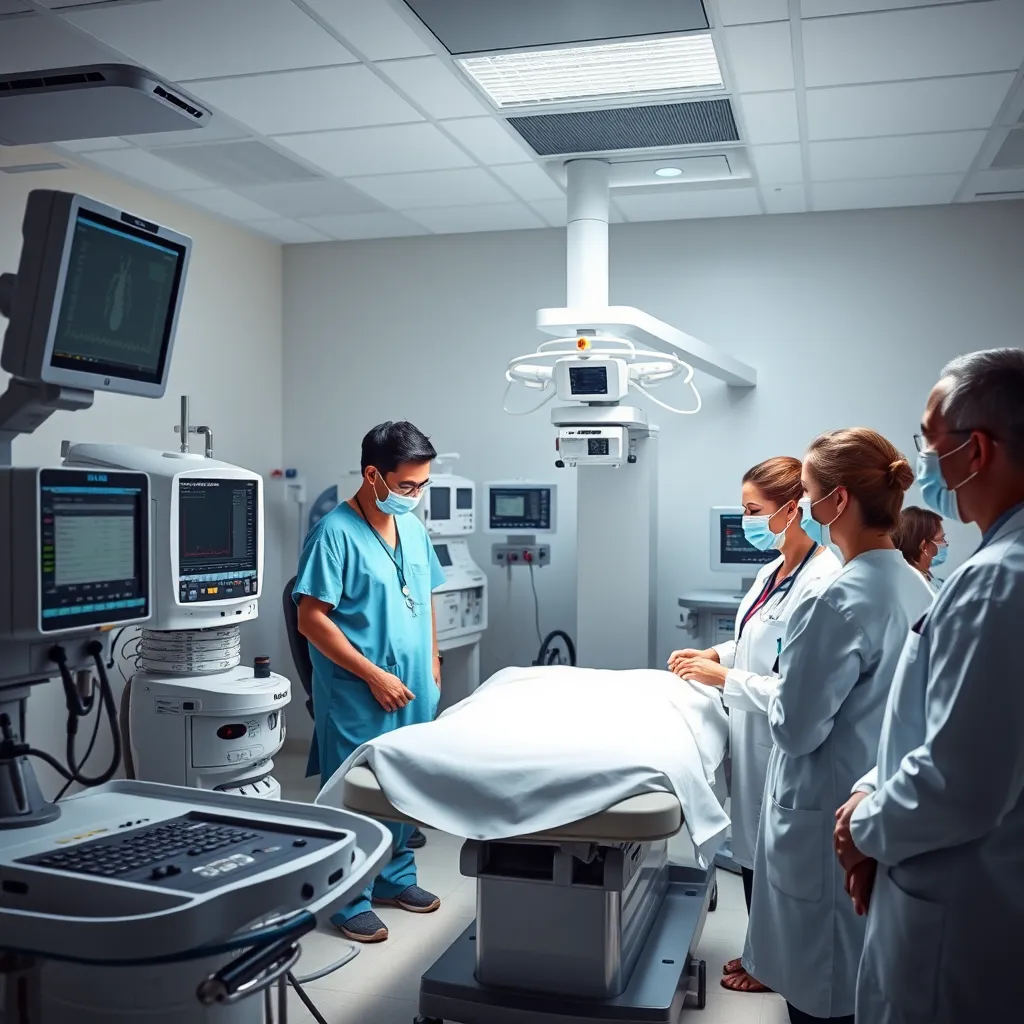 A hyperrealistic, 8K resolution image of a team of pediatric cardiologists, nurses, and technicians working together in a state-of-the-art cardiac catheterization lab. The image should showcase advanced medical equipment, including a heart monitor, X-ray machine, and a catheterization table. The team should be focused and attentive, with a calm and reassuring presence. The lighting should be bright and sterile, with sharp shadows.  The image should be composed with a wide shot, showing the entire room and team. The camera angle should be slightly elevated, providing an overhead view of the scene.  The image should evoke a sense of precision, expertise, and hope.