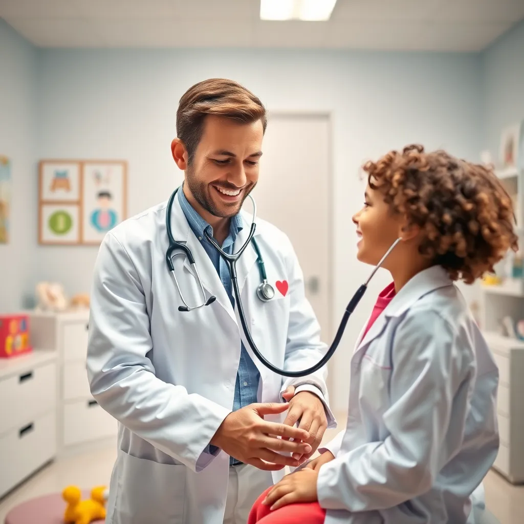 A photorealistic, ultra-high quality image of a friendly pediatrician, wearing a white coat, examining a young child's heart with a stethoscope. The child should be smiling and sitting on an examination table in a brightly lit, modern doctor's office. The room should have soft pastel colors, playful artwork on the walls, and a few colorful toys scattered around. The lighting should be soft and diffused, casting a warm glow on the scene.  The image should be composed with a medium shot, focusing on the doctor and child. The camera angle should be slightly elevated, looking down on the scene.  The image should evoke a sense of trust, care, and safety.